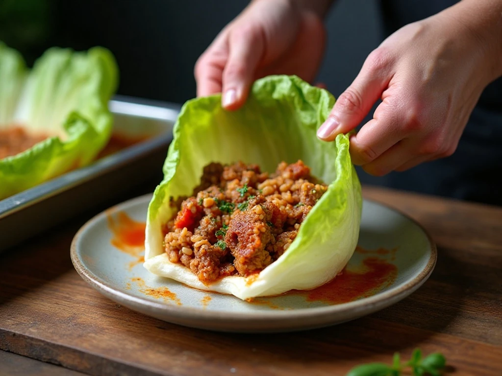 Rolling cabbage leaves around low-carb meat filling