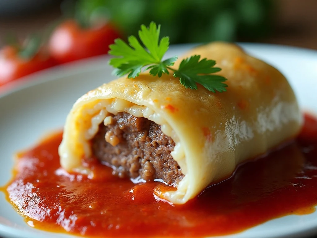 Close-up of a low-carb cabbage roll with parsley garnish