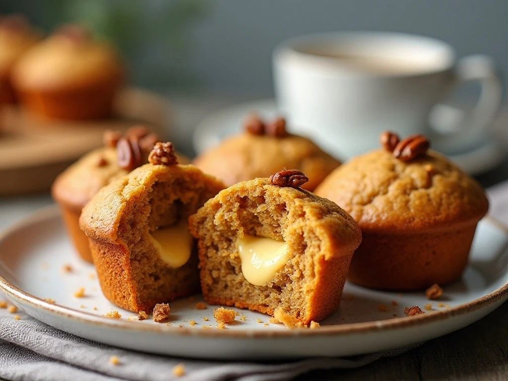 Low-carb carrot muffins with creamy cheese centers served for breakfast
