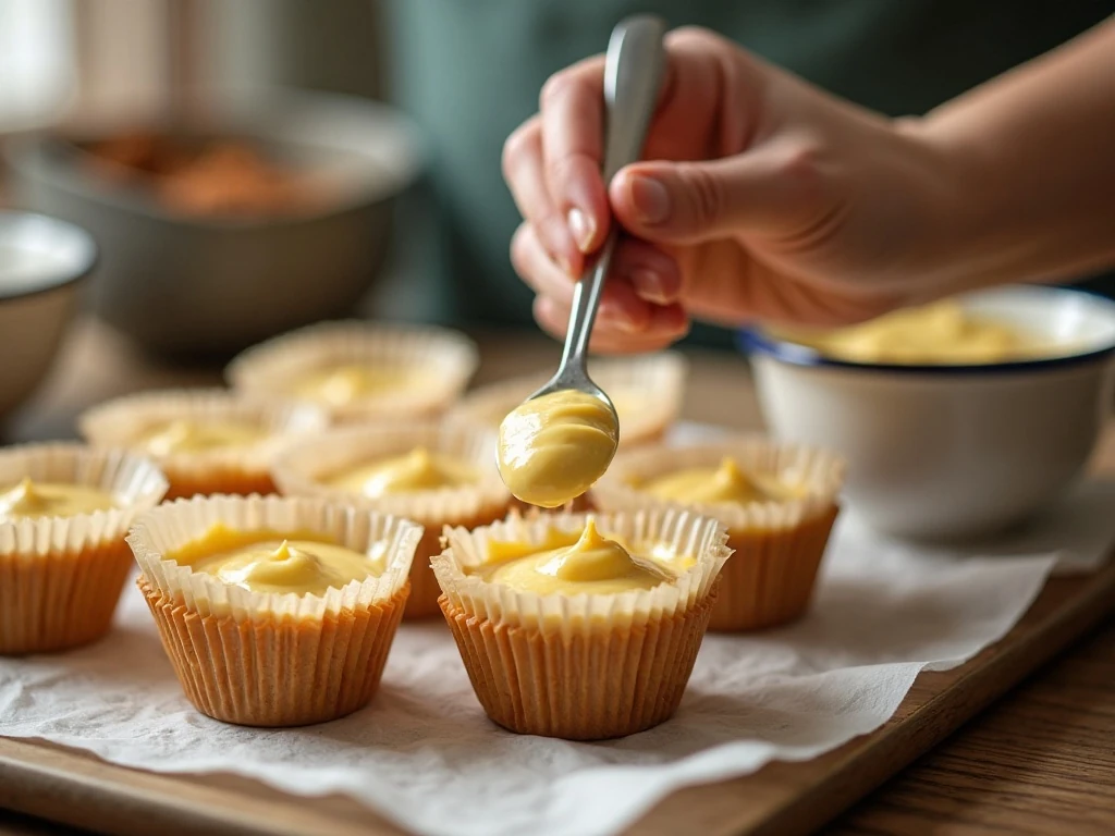 Layering carrot muffin batter and cream-cheese filling in a muffin pan