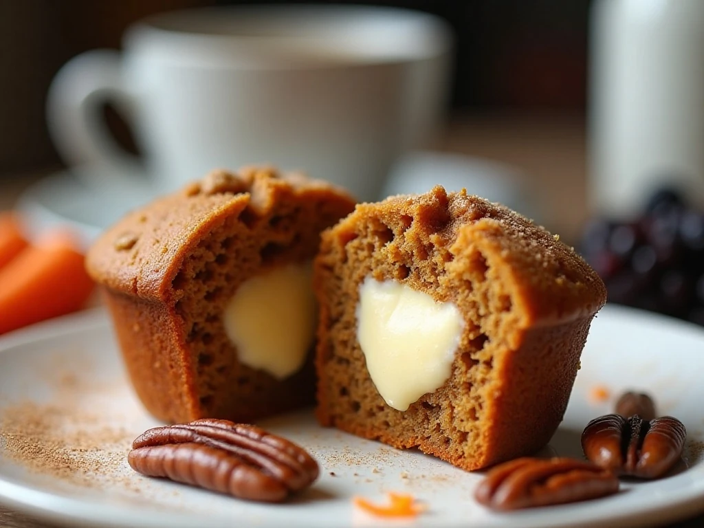 Close-up of creamy filling inside a low-carb carrot muffin