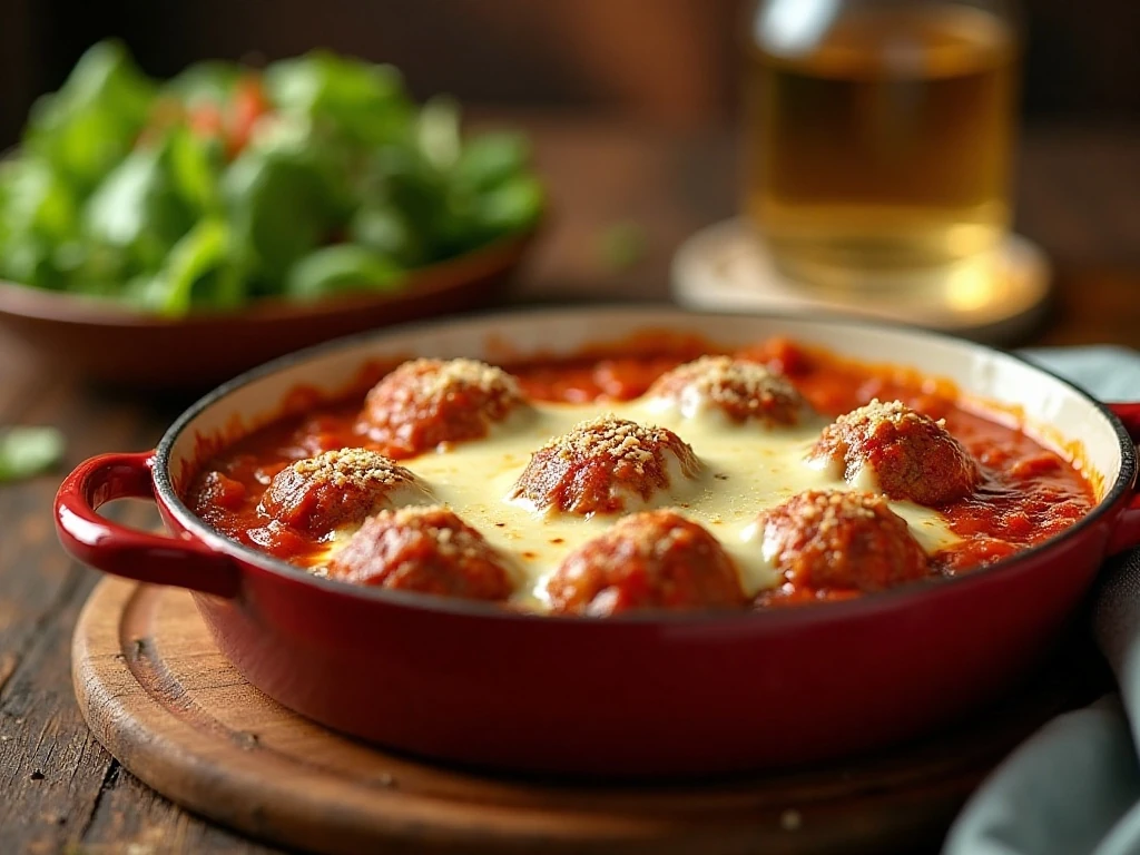 Low-carb cheesy meatball casserole fresh from the oven