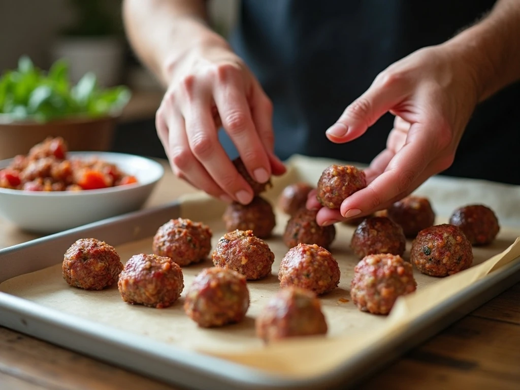 Shaping homemade meatballs for the casserole