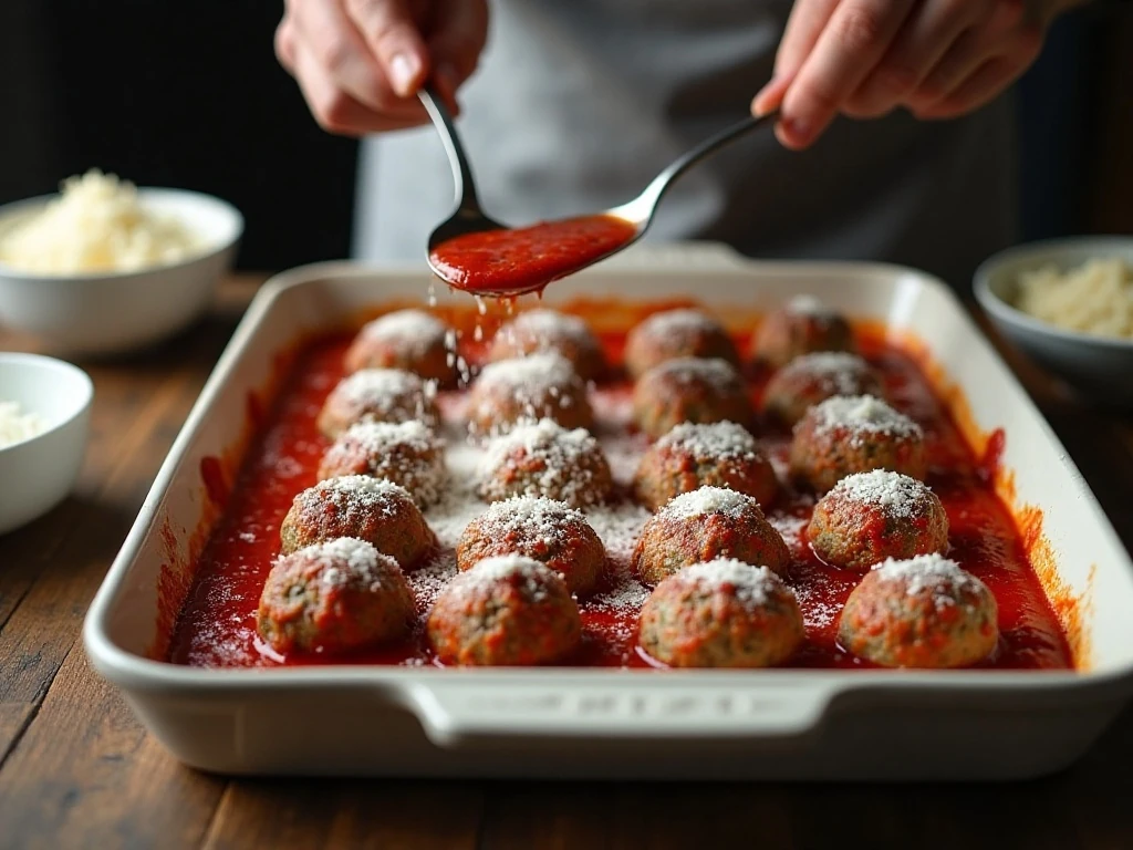 Arranging baked meatballs in marinara sauce