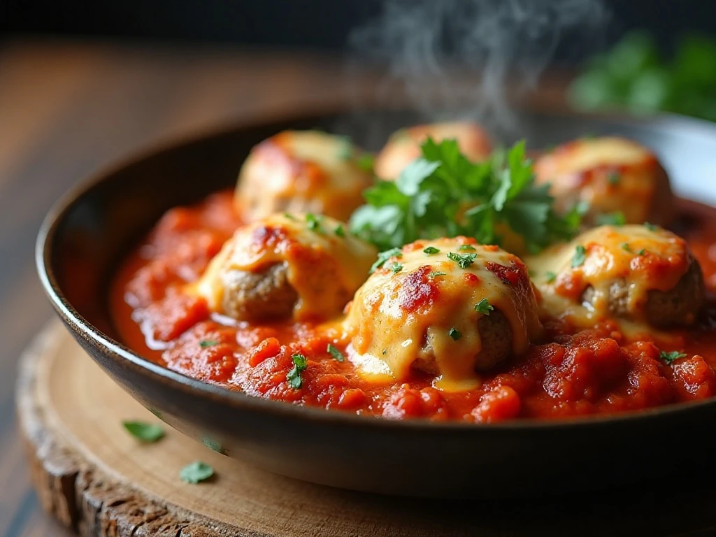 Reheated cheesy meatball casserole with fresh herbs