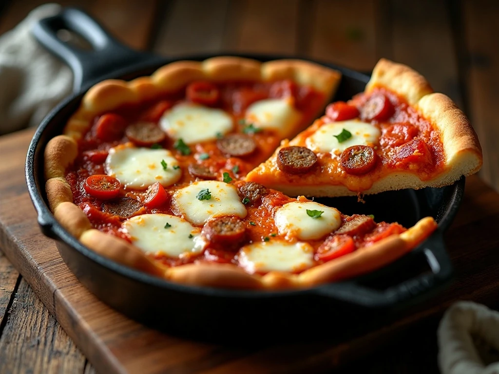 Low-carb Chicago-style deep-dish pizza with sausage and melted cheese