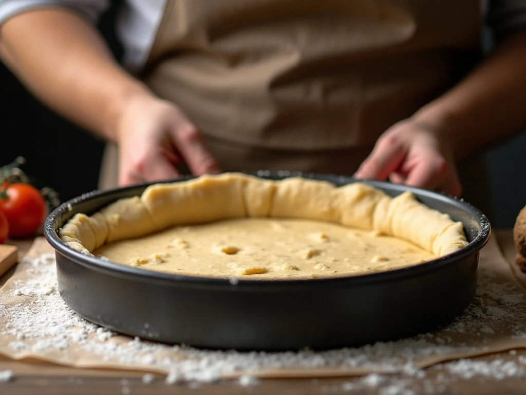 Pressing low-carb pizza dough into a deep pan