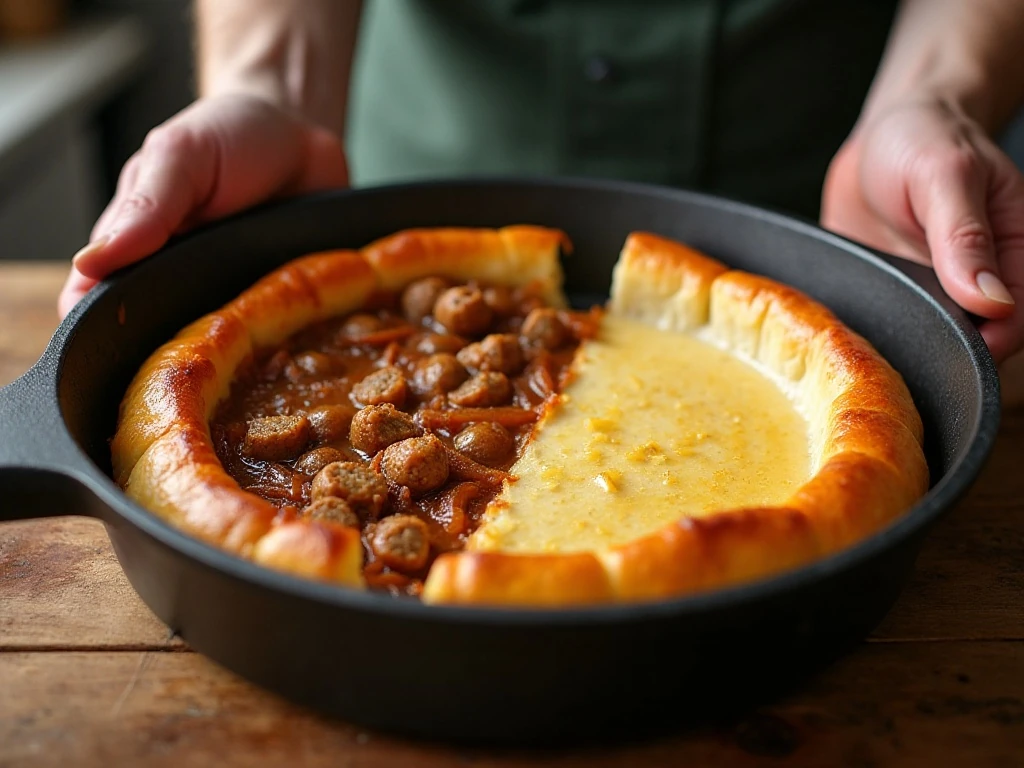 Par-baked low-carb pizza crust and drained sausage filling