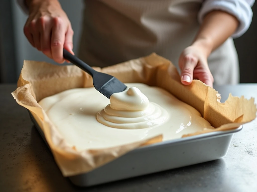 Spreading whipped allulose marshmallow mixture in a parchment-lined pan
