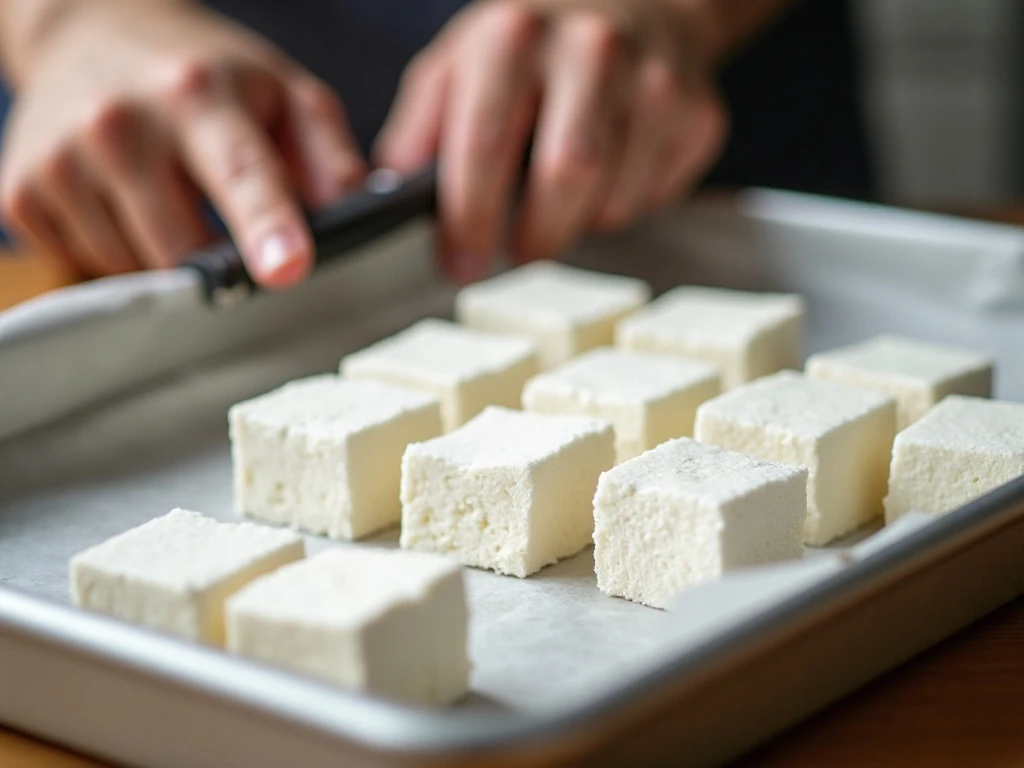 Neatly cut homemade keto marshmallow squares with clean edges