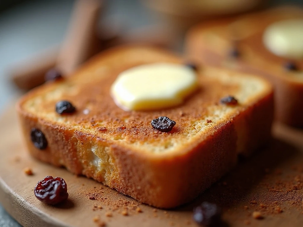 Toasted cinnamon raisin bread slice with butter
