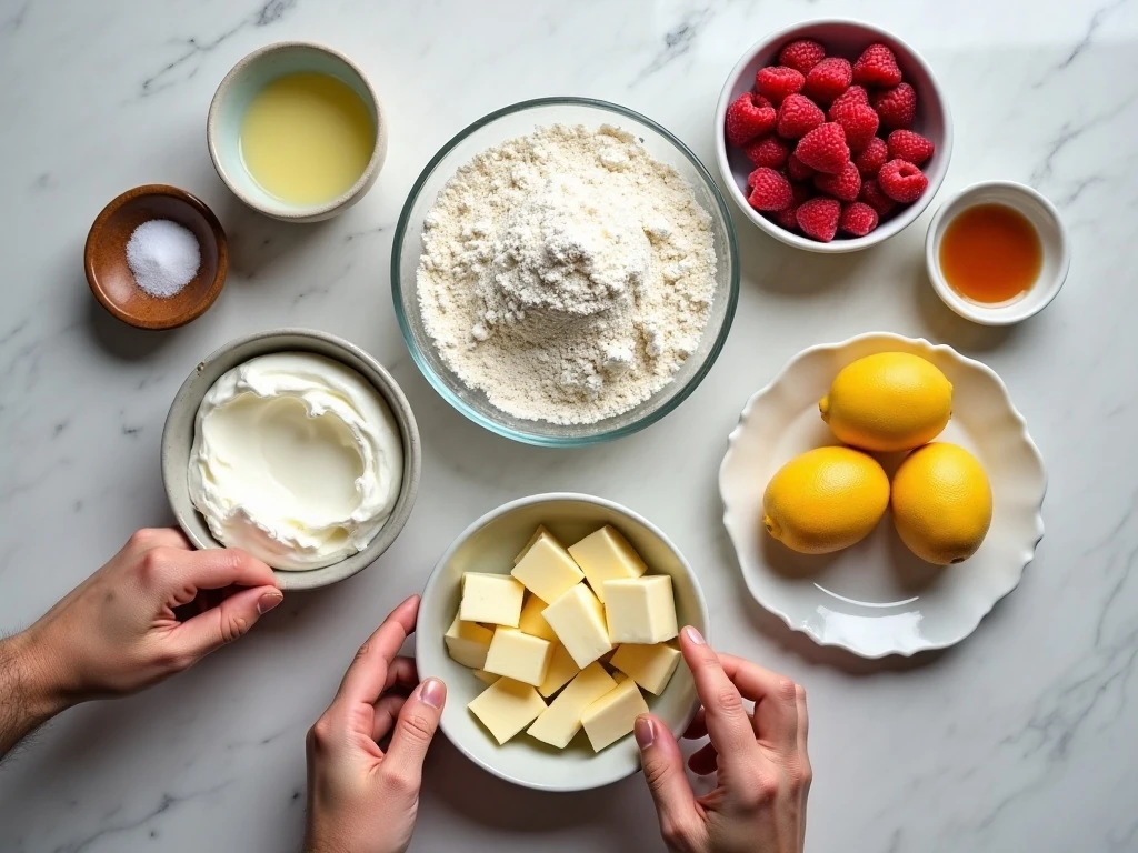 Ingredients for low-carb cheesecake and raspberry sauce
