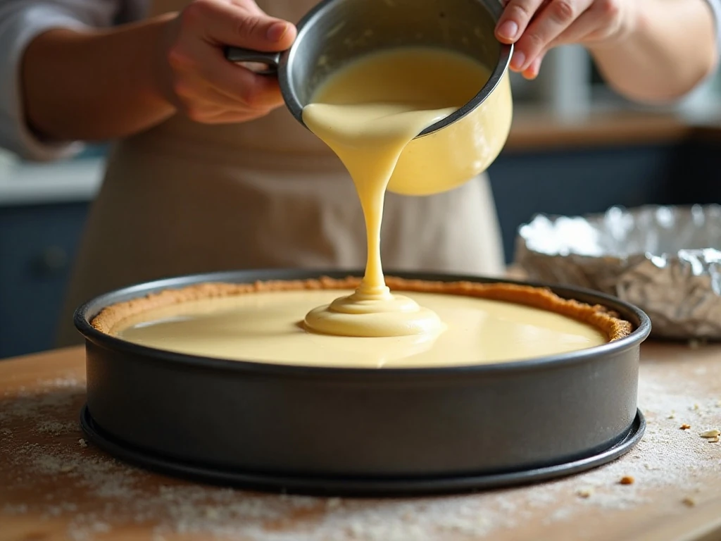 Pouring smooth cheesecake batter over almond flour crust