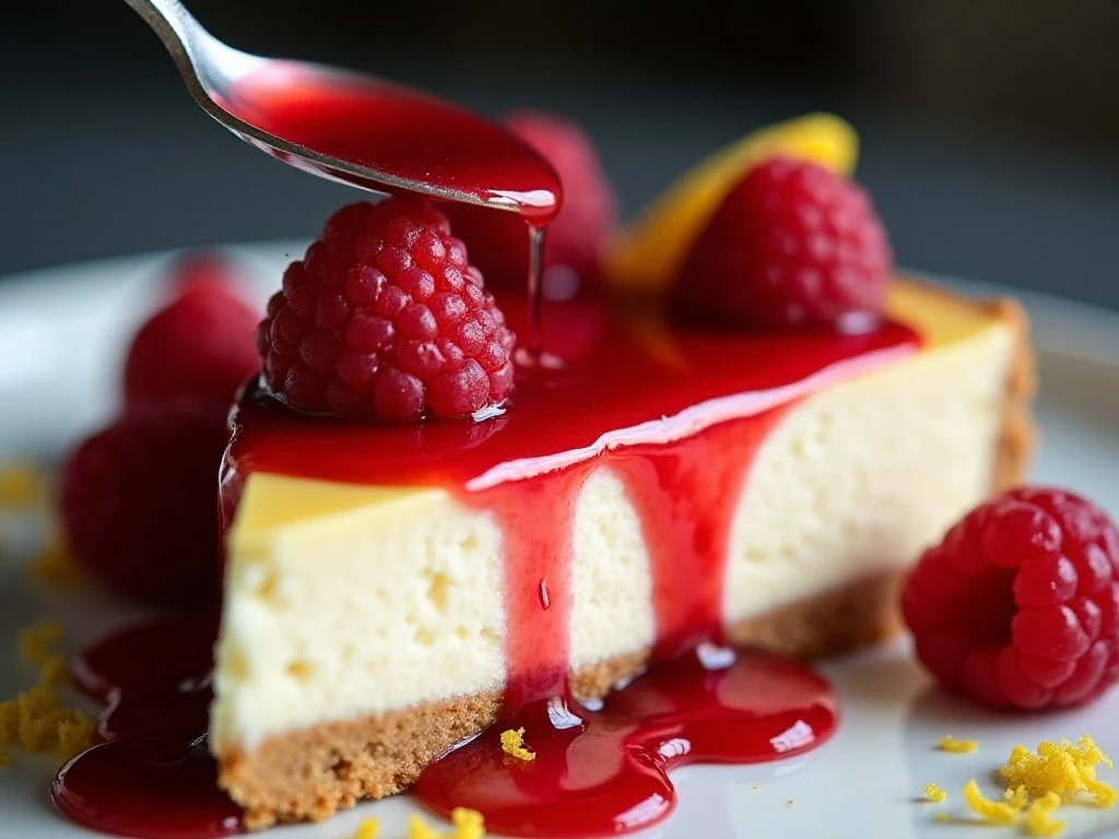 Raspberry sauce and fresh berries on cheesecake
