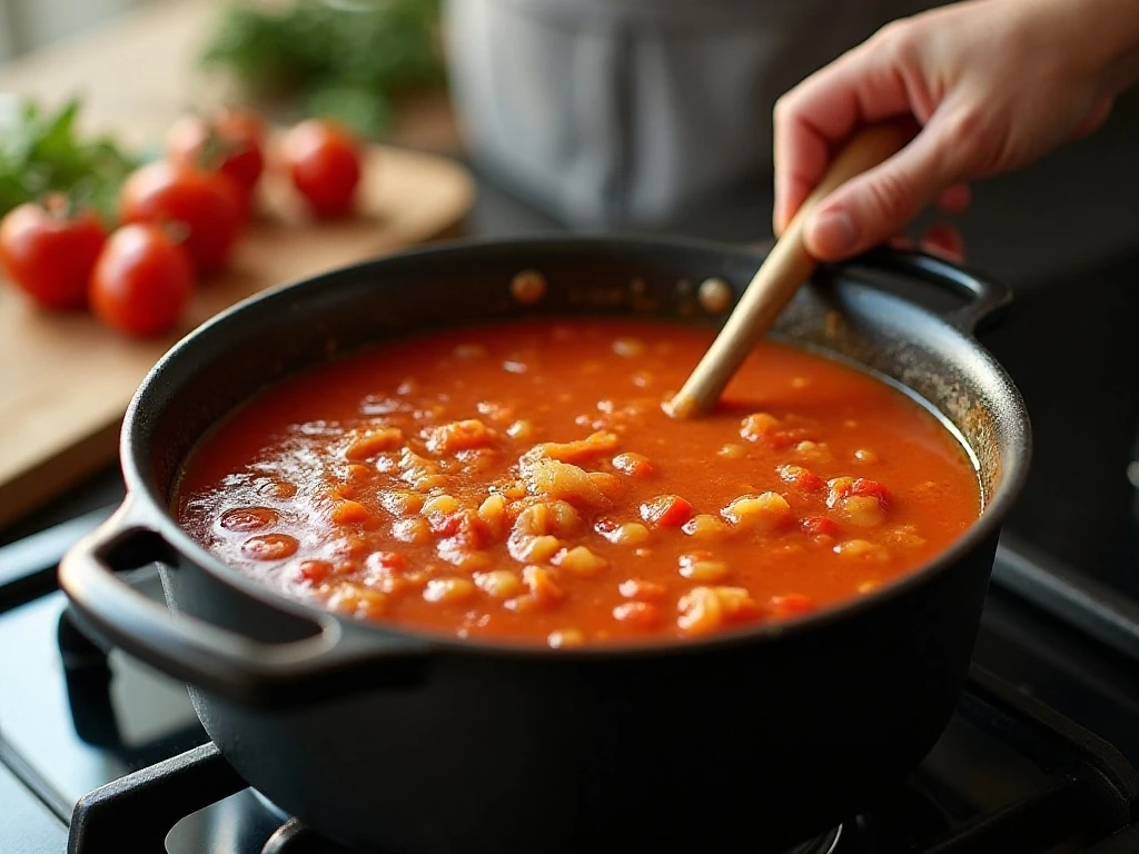 Tomato soup simmering with onions and seasonings in a saucepan