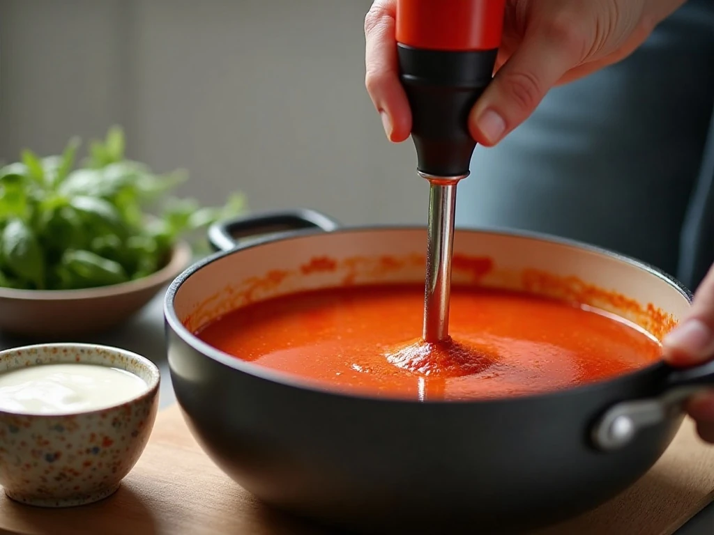 Blending tomato soup until smooth for a creamy texture