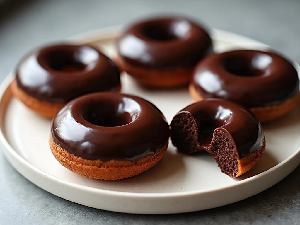 Platter of glossy low-carb double chocolate donuts