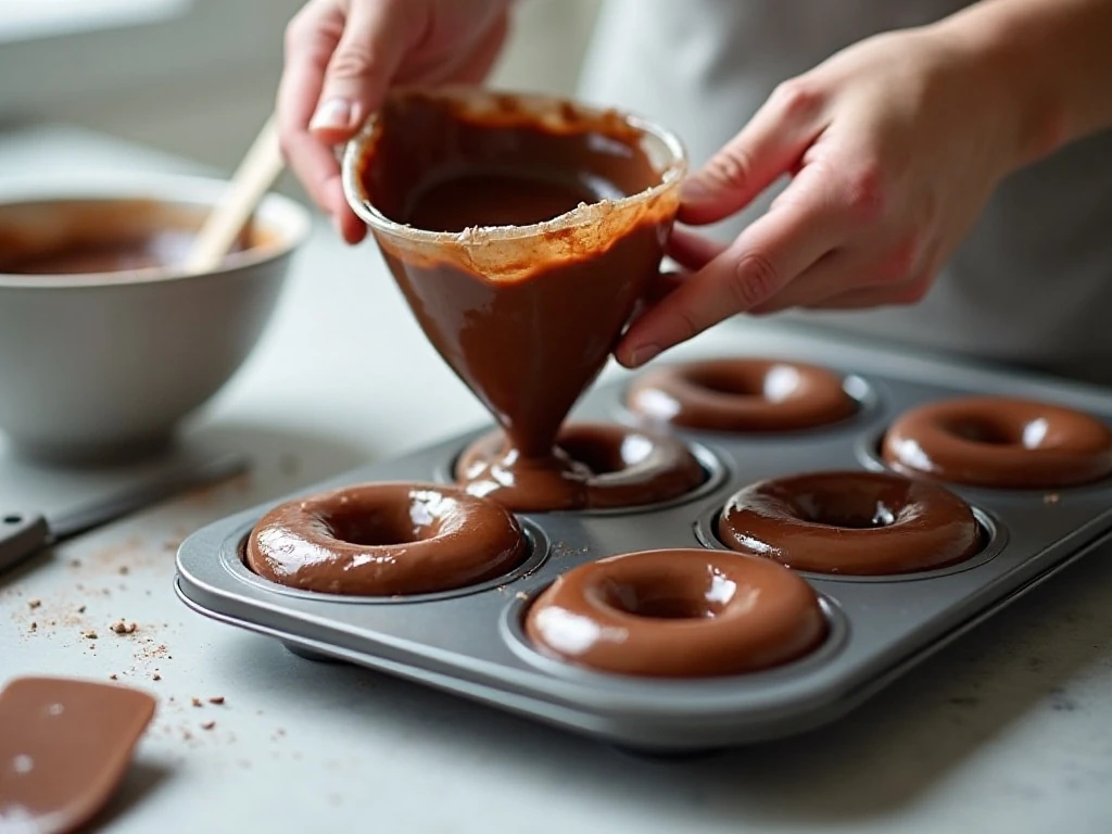 Piping chocolate donut batter into a donut pan