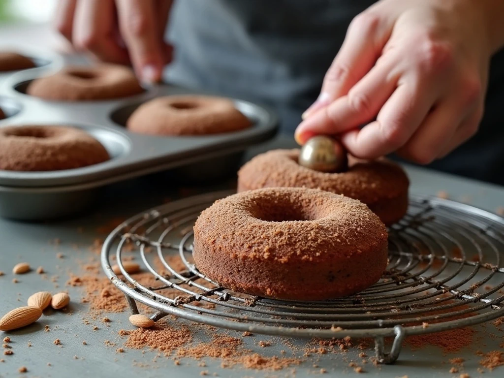 Fresh chocolate donuts cooling on a wire rack