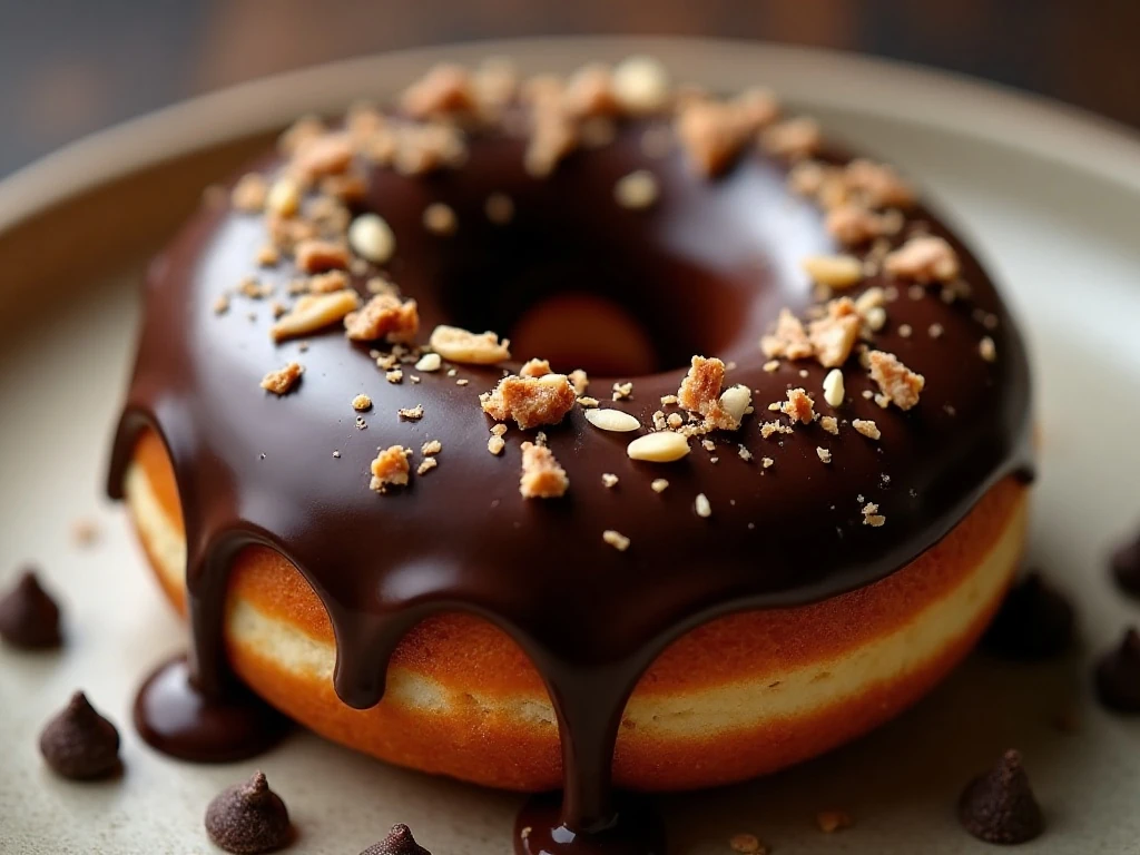 Close-up of glazed chocolate donut with optional toppings