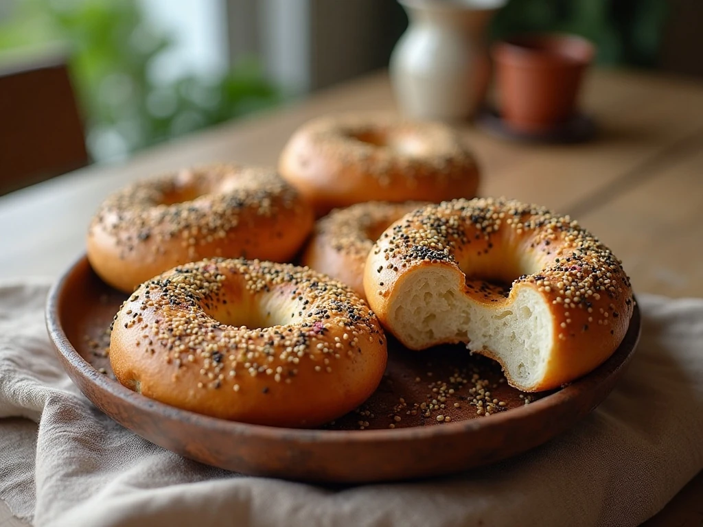 Freshly baked low-carb everything bagels with chewy centers