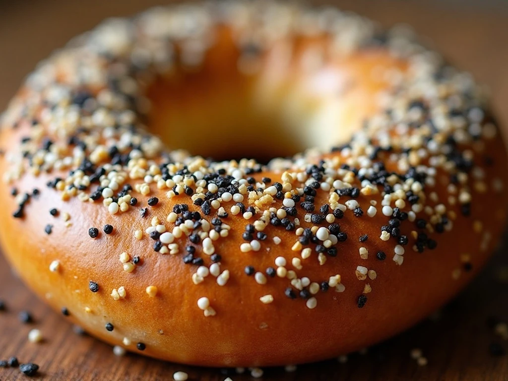 Everything seasoning on a golden low-carb bagel