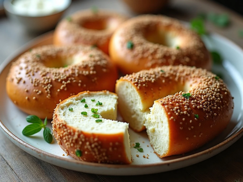 Six homemade low-carb everything bagels on a serving platter