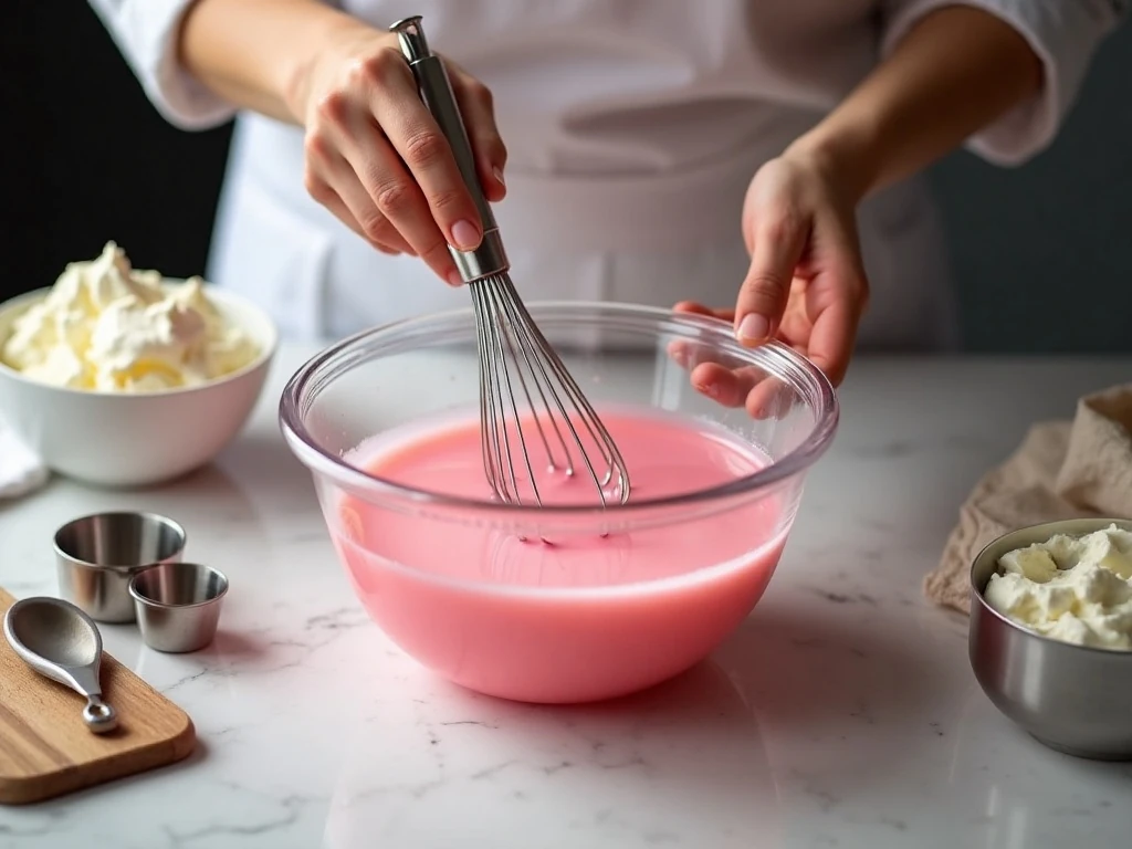 Whisking gelatin and preparing the cream cheese base for Jello fluff