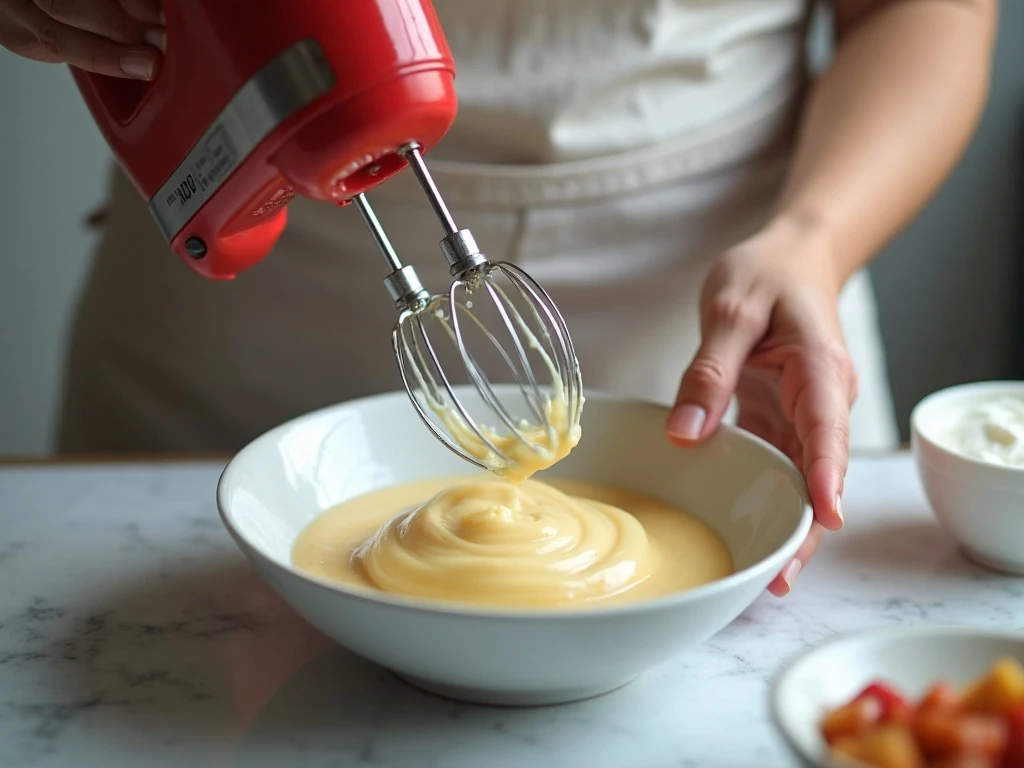 Whipping partially set gelatin until foamy