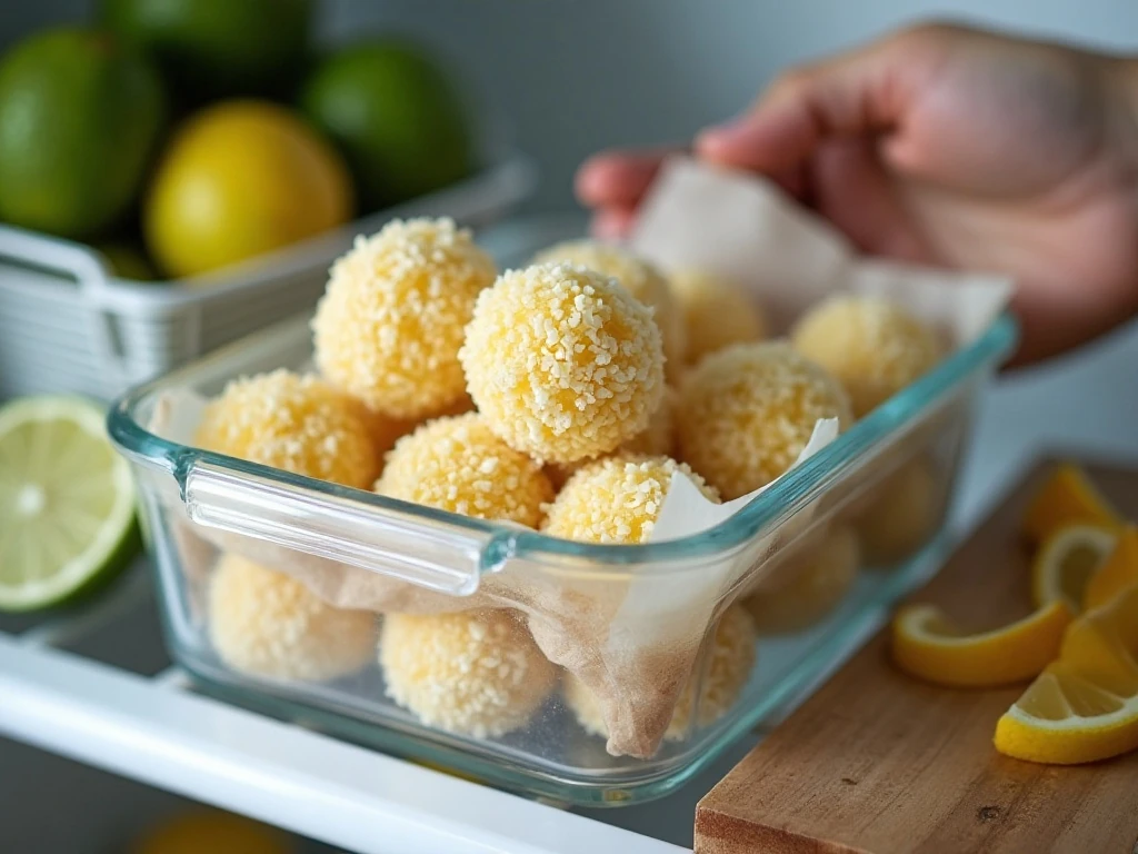 Low-carb lemon lime bites stored in an airtight container