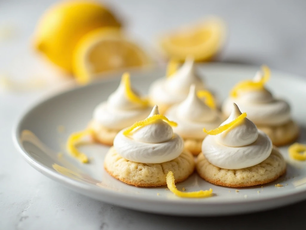 Crisp low-carb lemon meringue cookies arranged on a serving plate