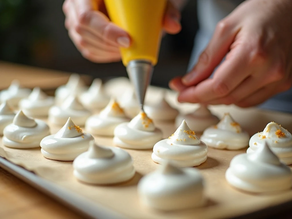 Piping lemon meringue cookie shapes onto parchment