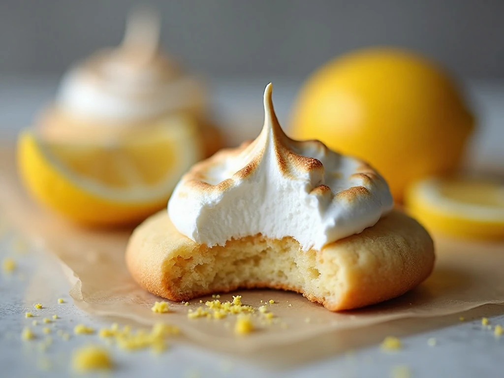 Close-up of the airy texture inside a lemon meringue cookie