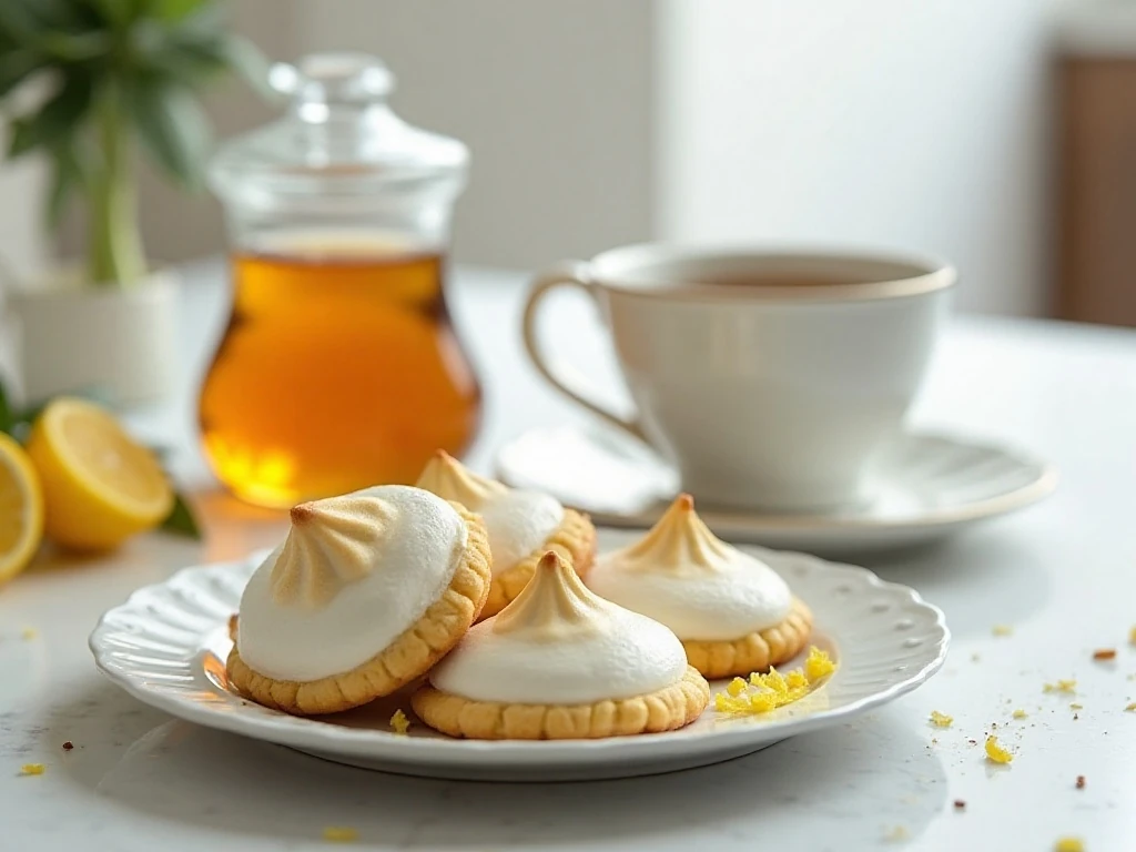 Lemon meringue cookies served with tea and stored in an airtight jar