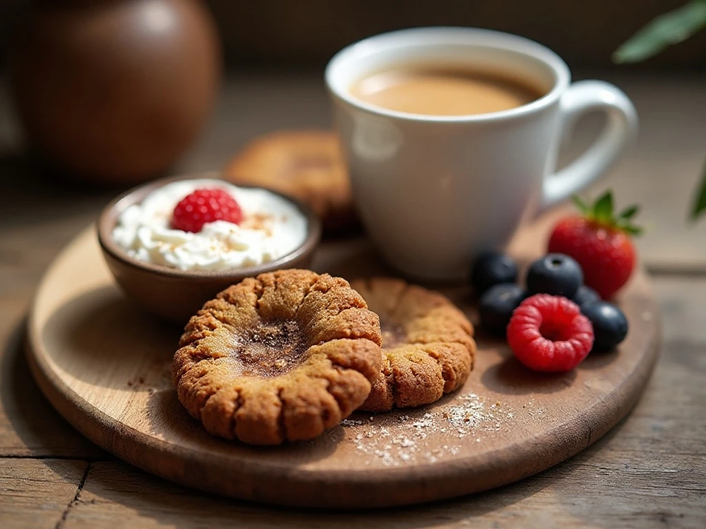 Low-carb molasses cookies served with coffee and berries