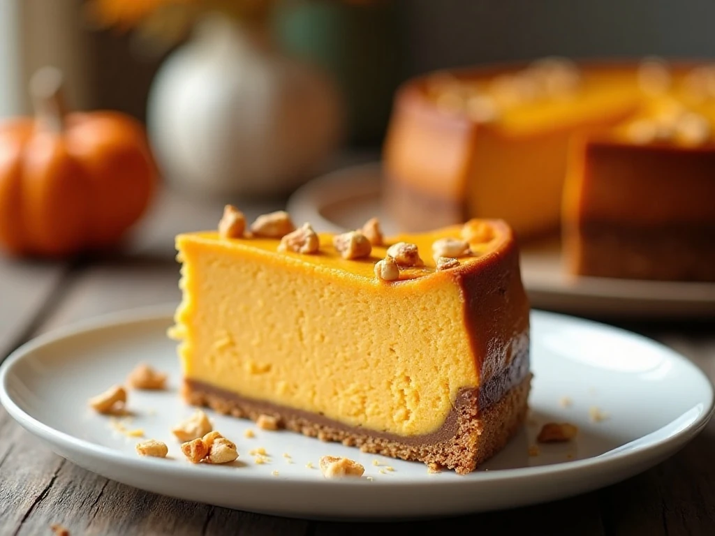 Slice of creamy low-carb New York-style pumpkin cheesecake