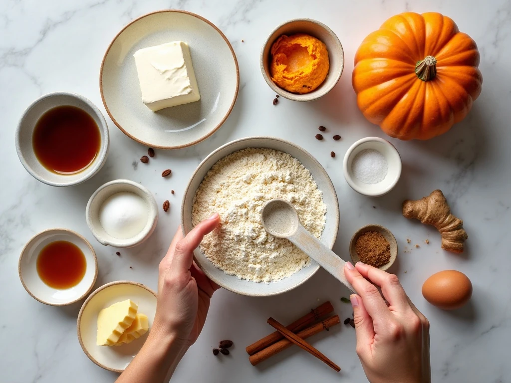 Ingredients for low-carb pumpkin cheesecake arranged on a counter