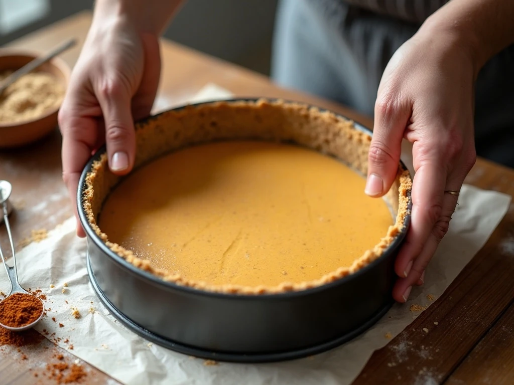 Preparing the almond-flour crust for pumpkin cheesecake