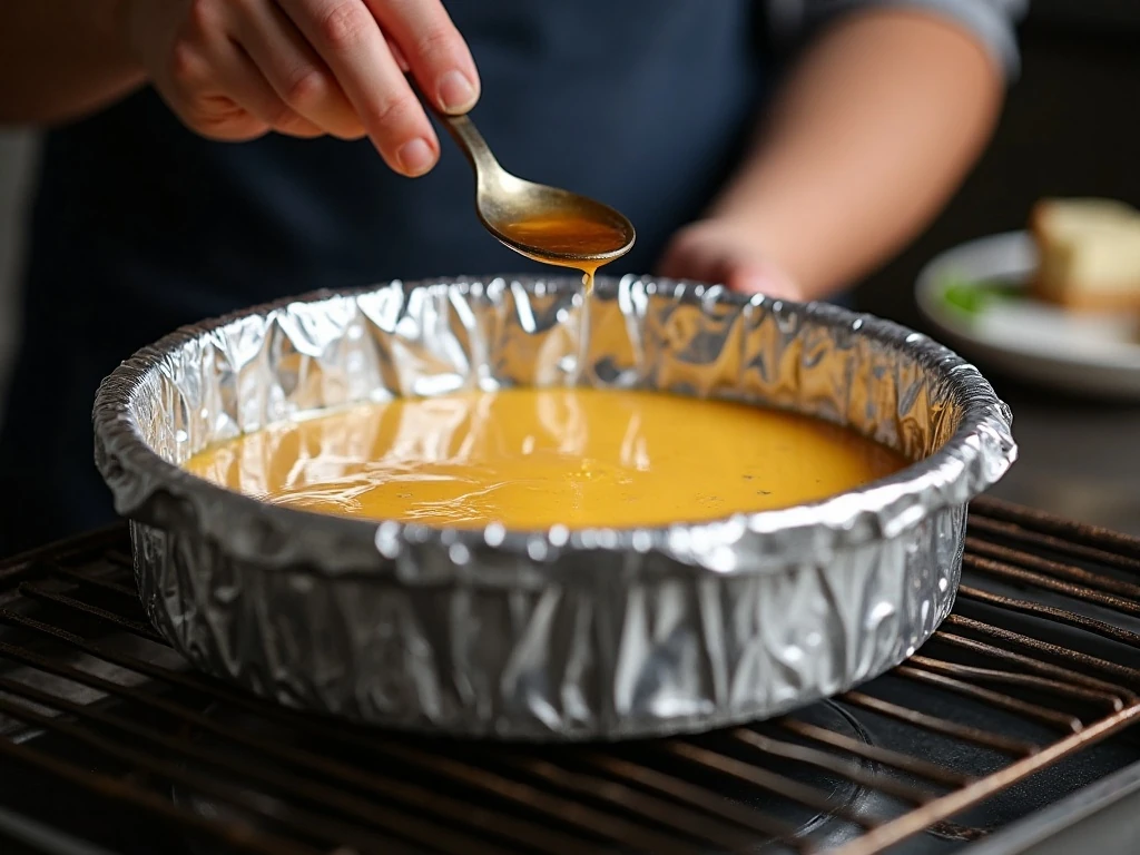 Foil-wrapped springform pan prepared for a cheesecake water bath