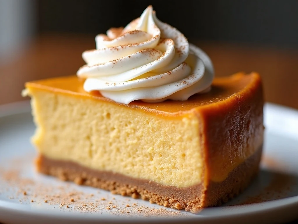 Clean slice of pumpkin cheesecake with cinnamon garnish