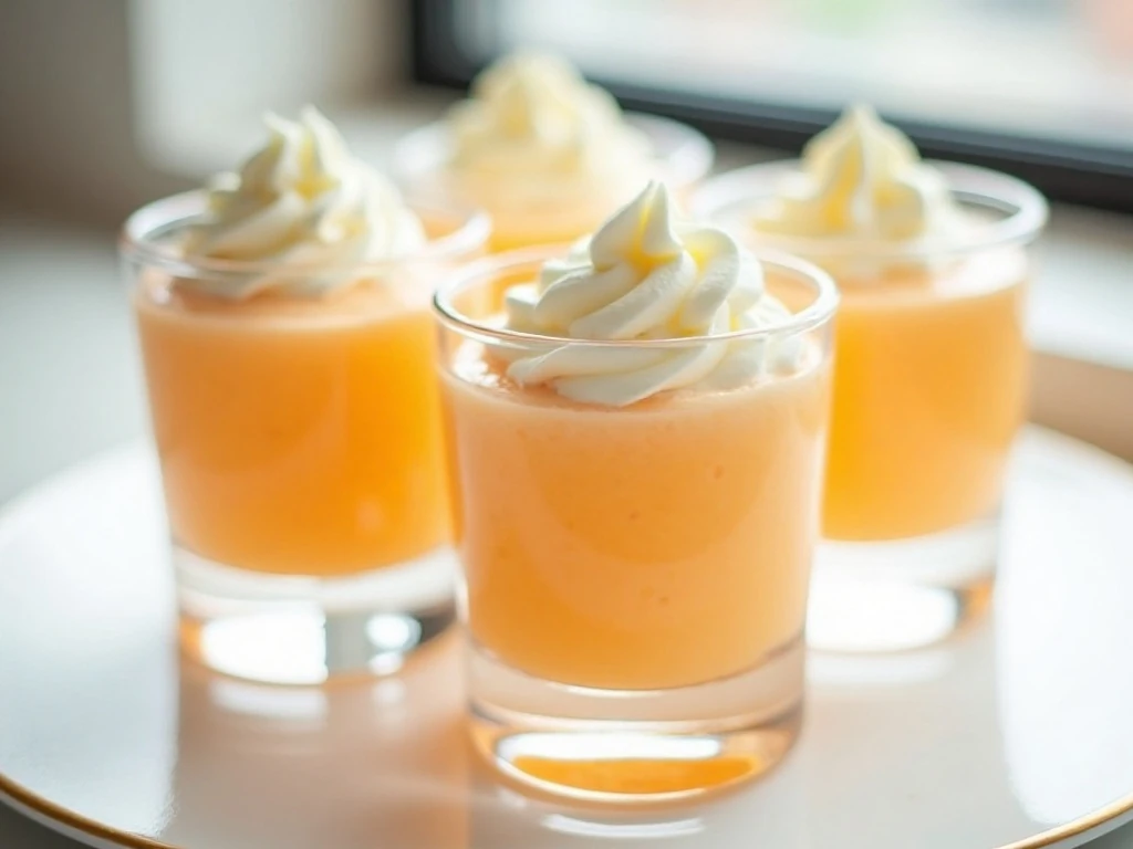 Four servings of low-carb orange creamsicle jello whips in dessert glasses