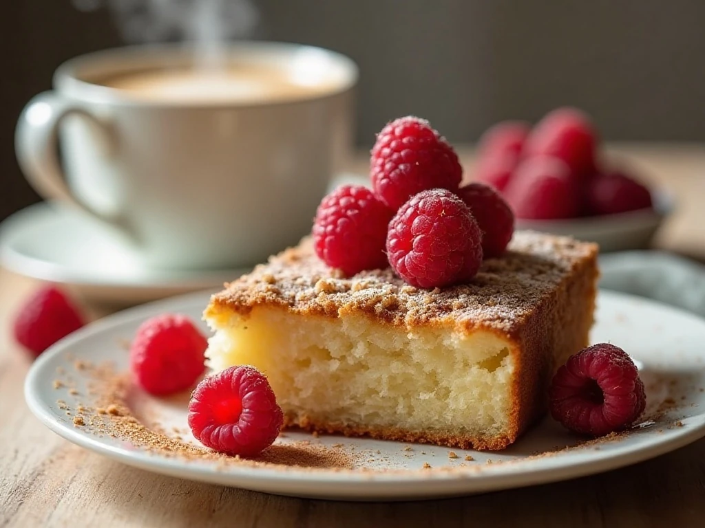 Slice of low-carb raspberry coffee cake served with coffee