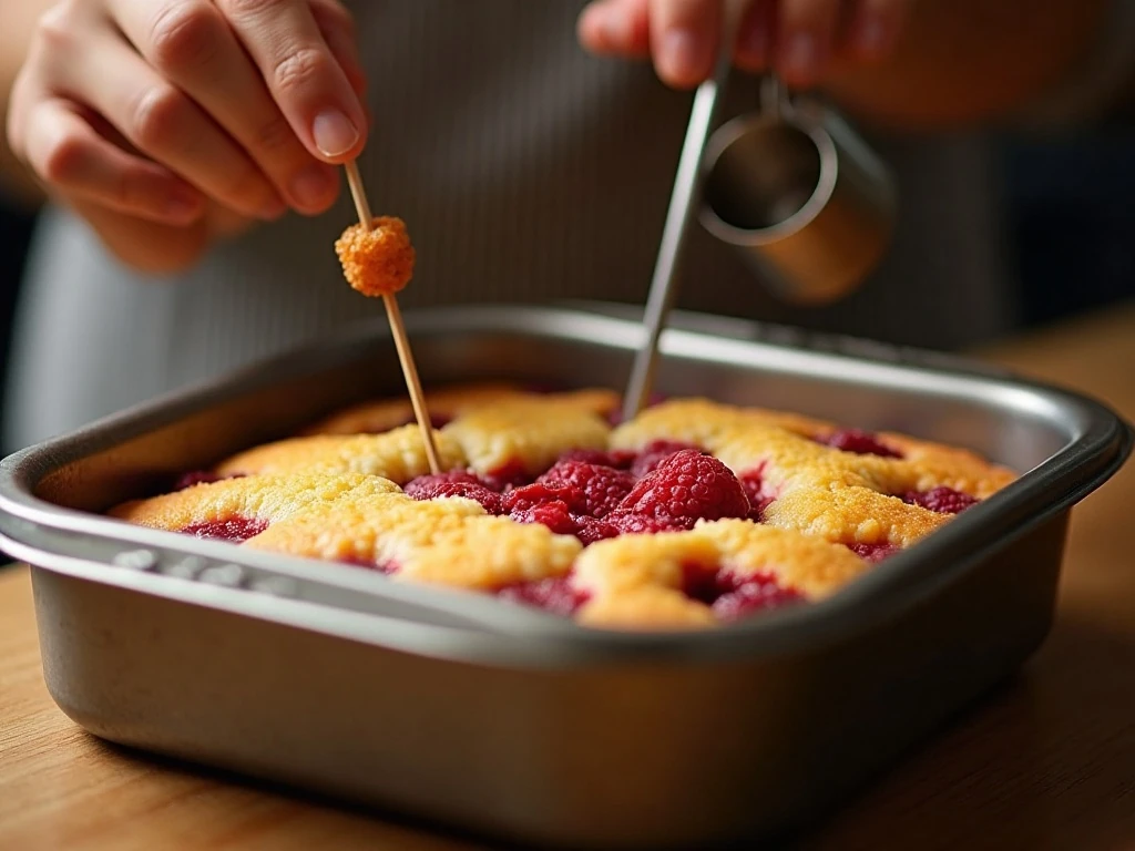 Testing raspberry coffee cake for doneness