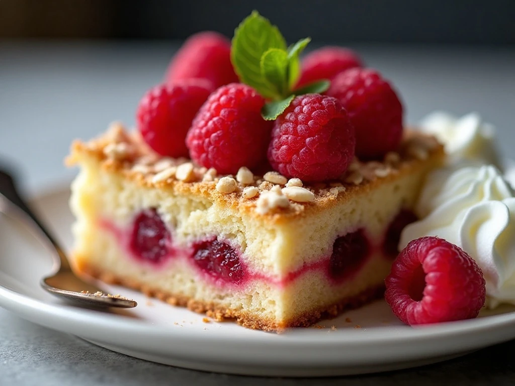 Raspberry coffee cake with fresh berries and streusel