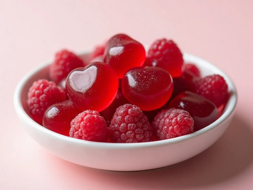 Homemade low-carb raspberry gummies arranged on a dessert plate