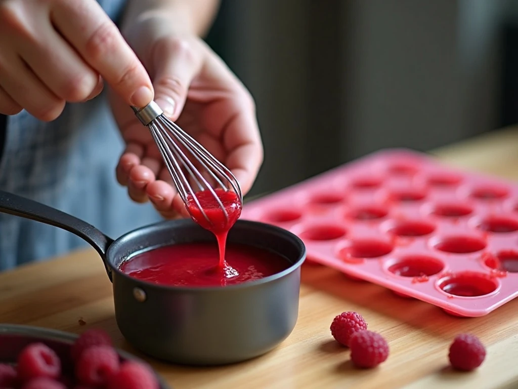 Preparing raspberry gelatin mixture for homemade gummies