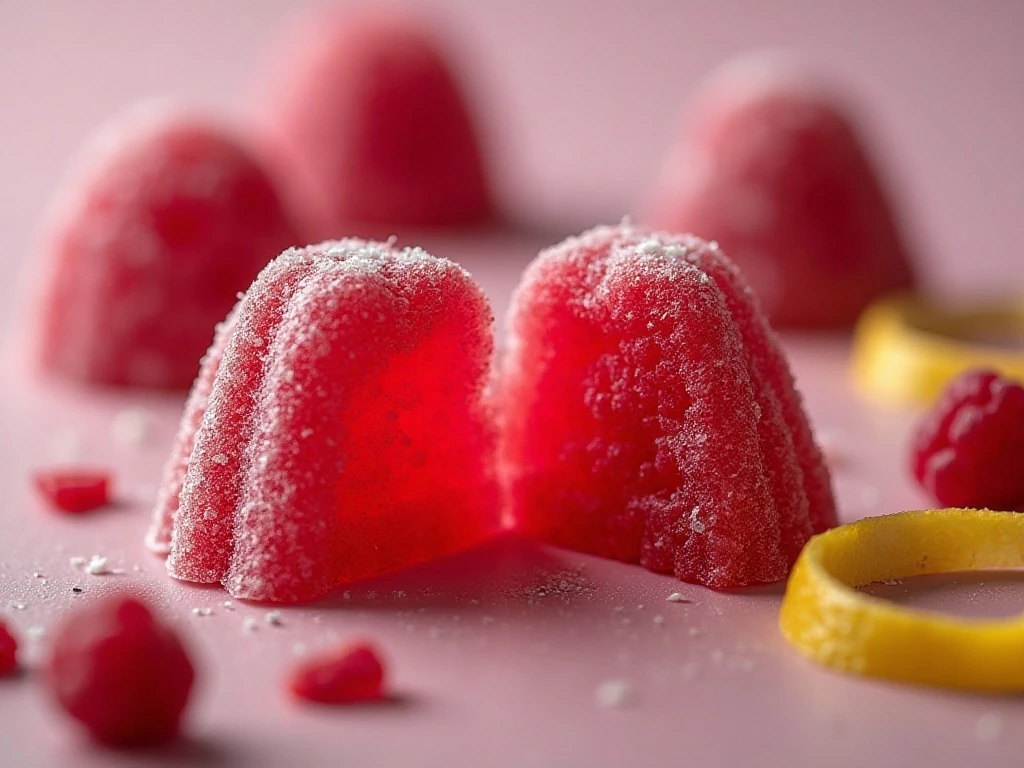 Close-up of the smooth texture inside a raspberry gummy