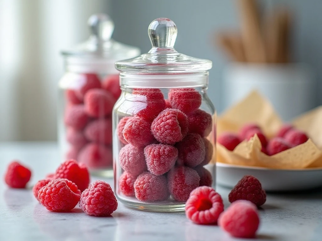 Raspberry gummies stored in an airtight container