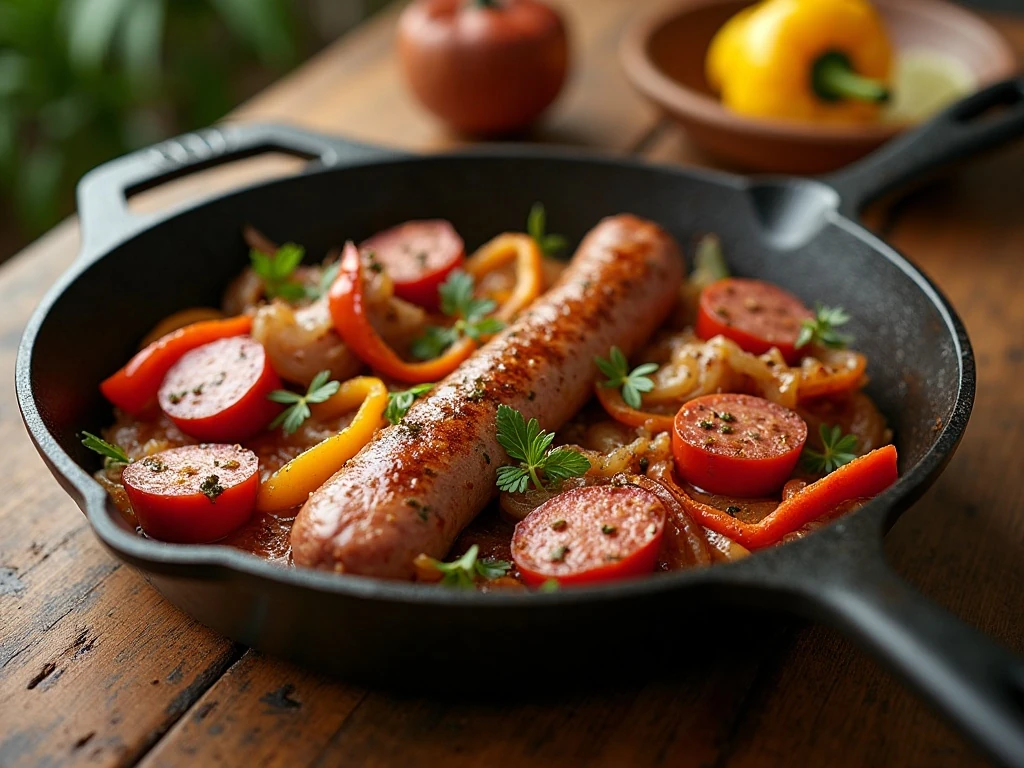 Low-carb sausage with peppers and onions served in a skillet