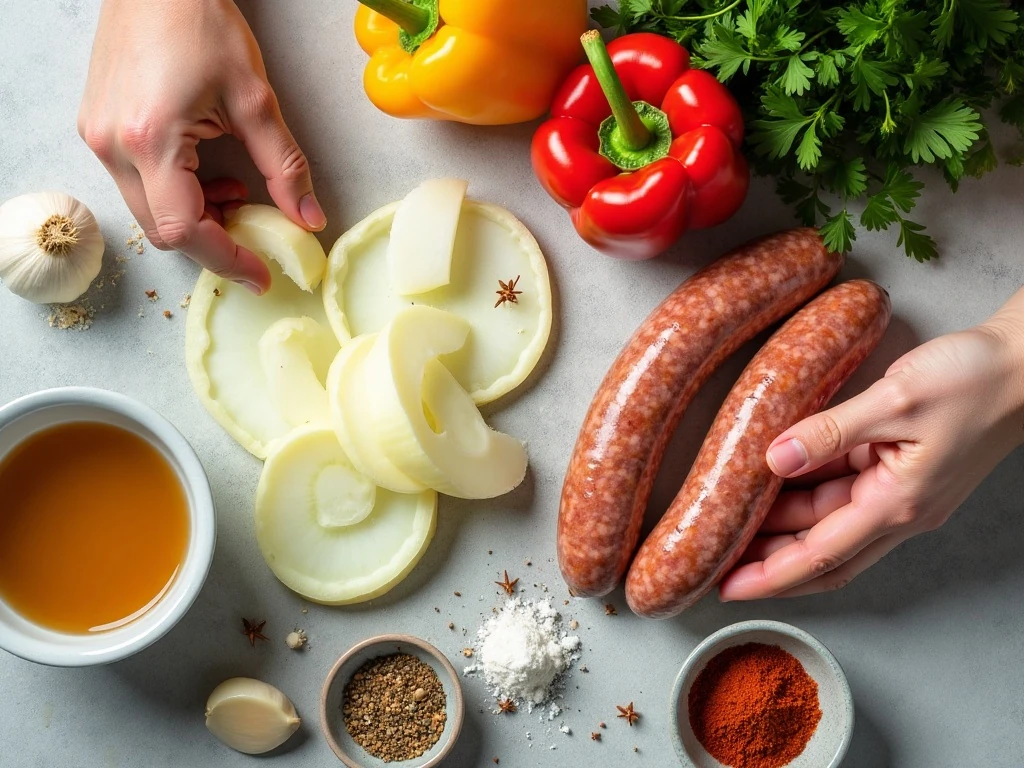 Ingredients for low-carb sausage peppers and onions